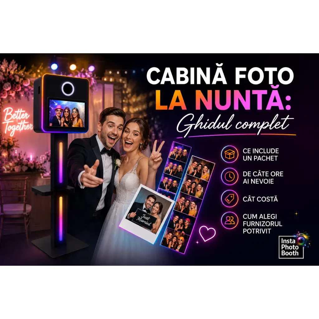 Cabină foto la nuntă: ghidul complet (ce include, cât costă și cum alegi)